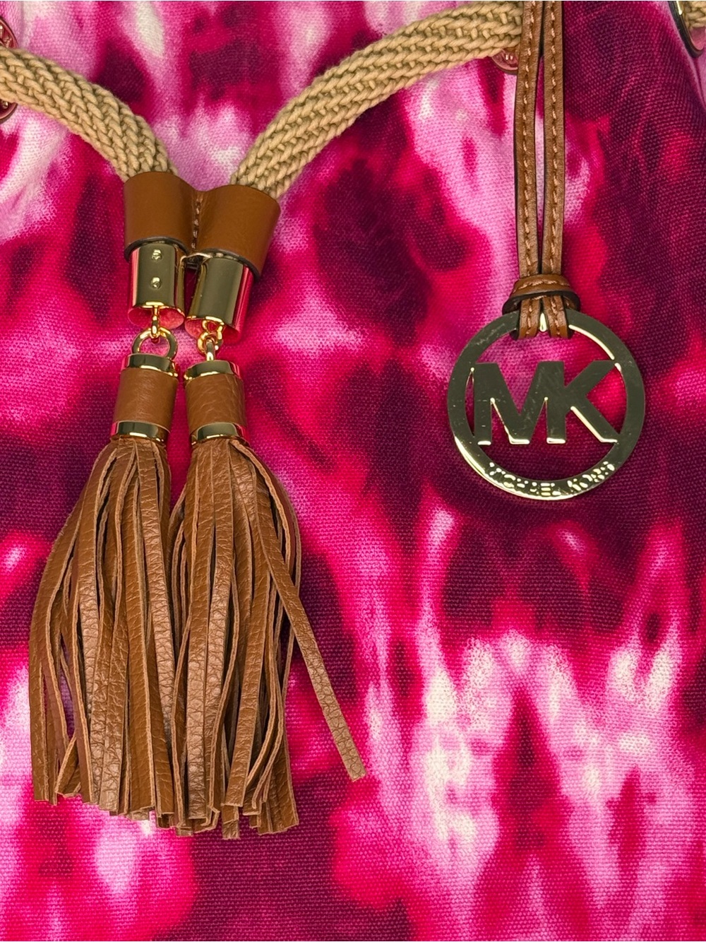 Michael Kors Hot Pink Tie-Dye Tote with Tan Leather Accents - Picture 3 of 8